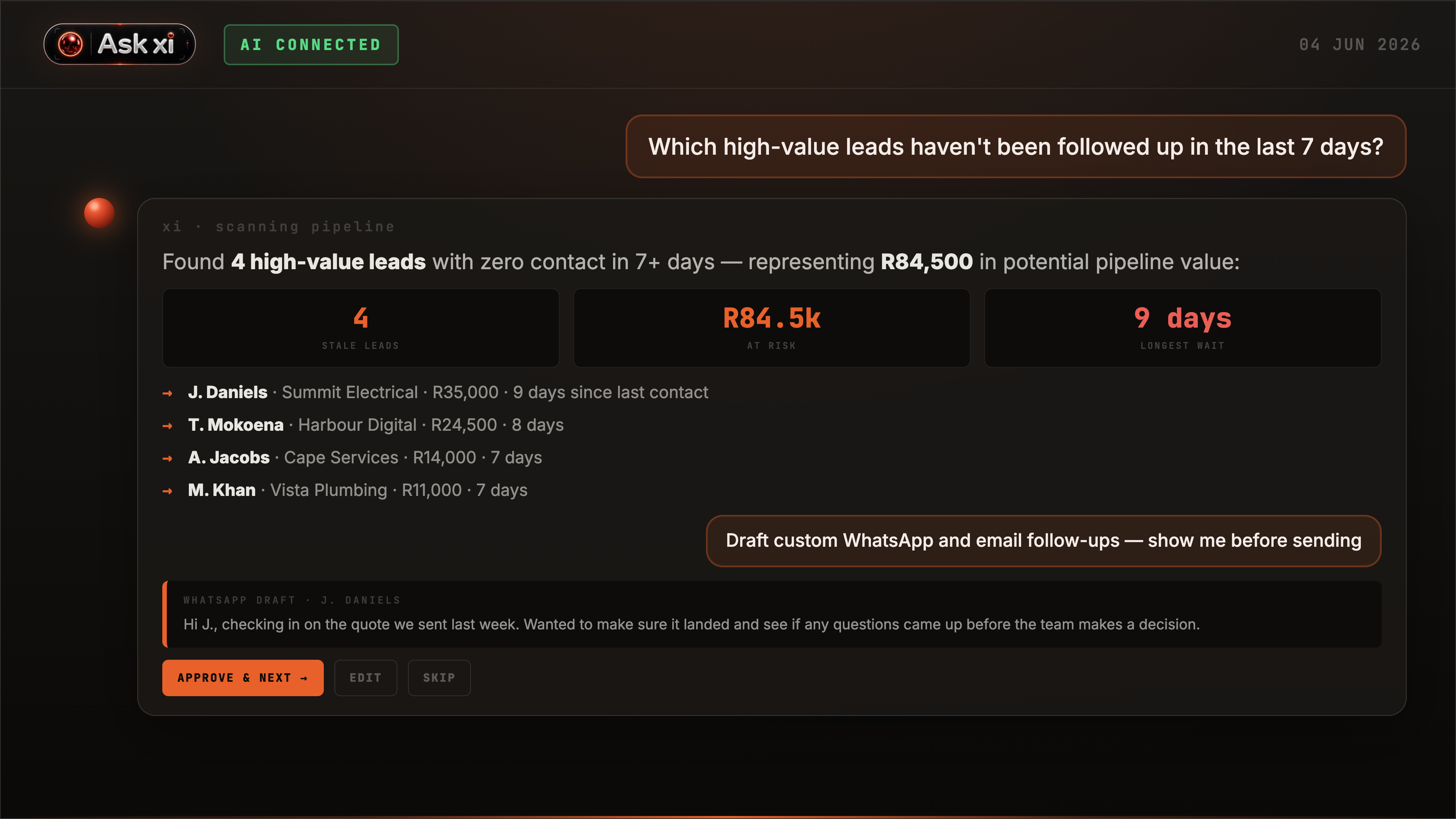 AskXI stale leads draft approval screenshot