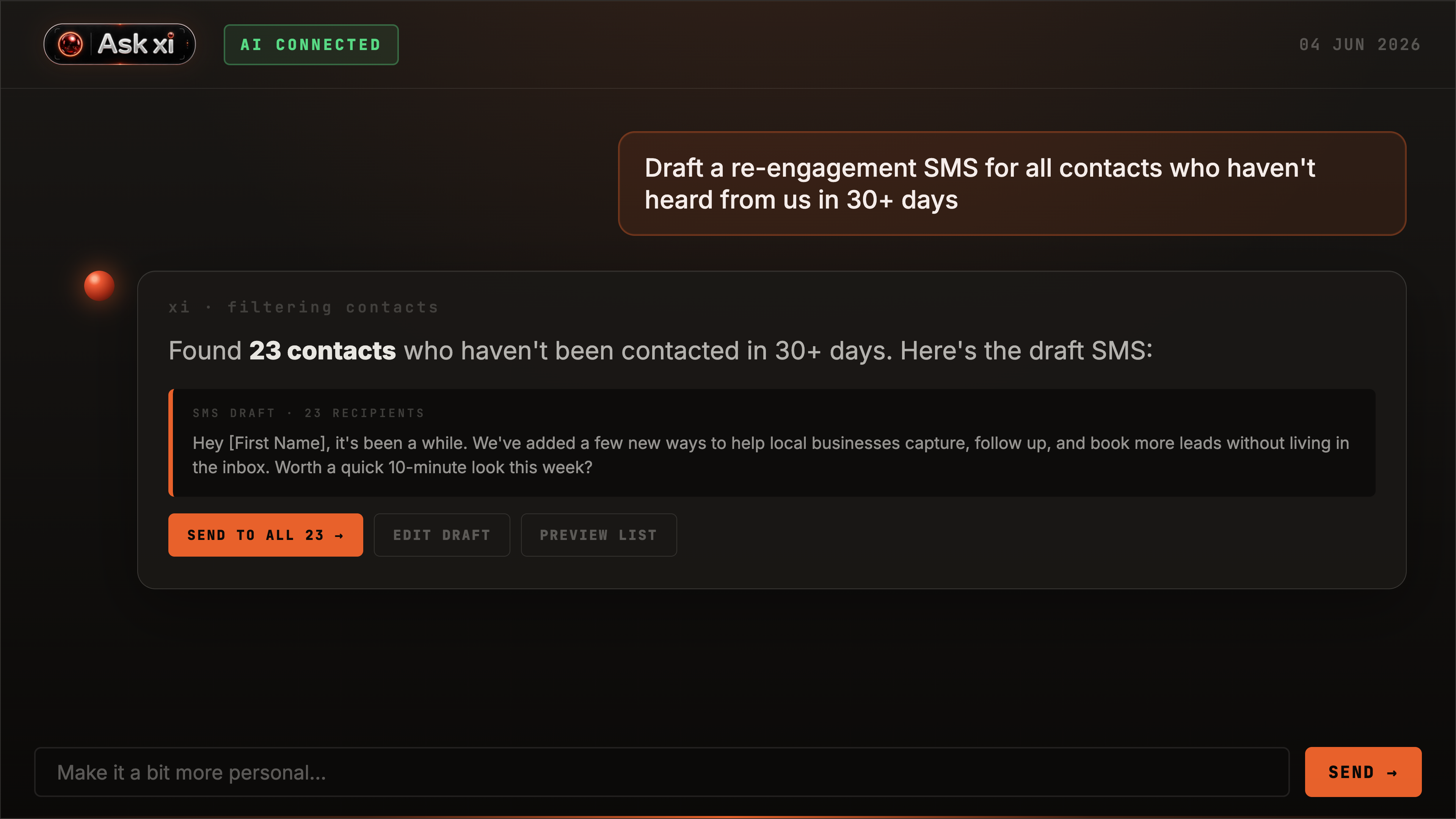 AskXI re-engagement SMS screenshot
