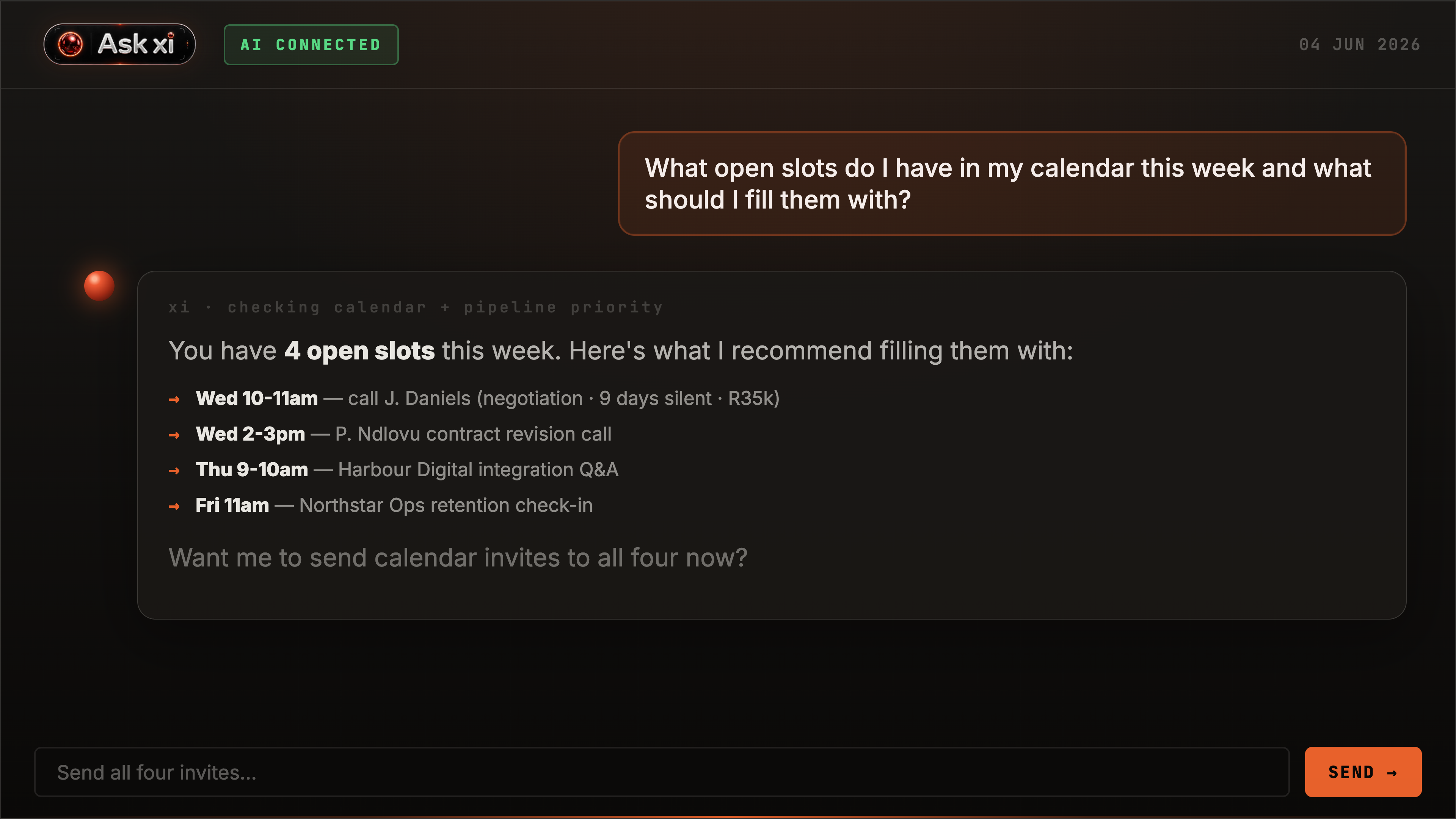AskXI calendar gap analysis screenshot