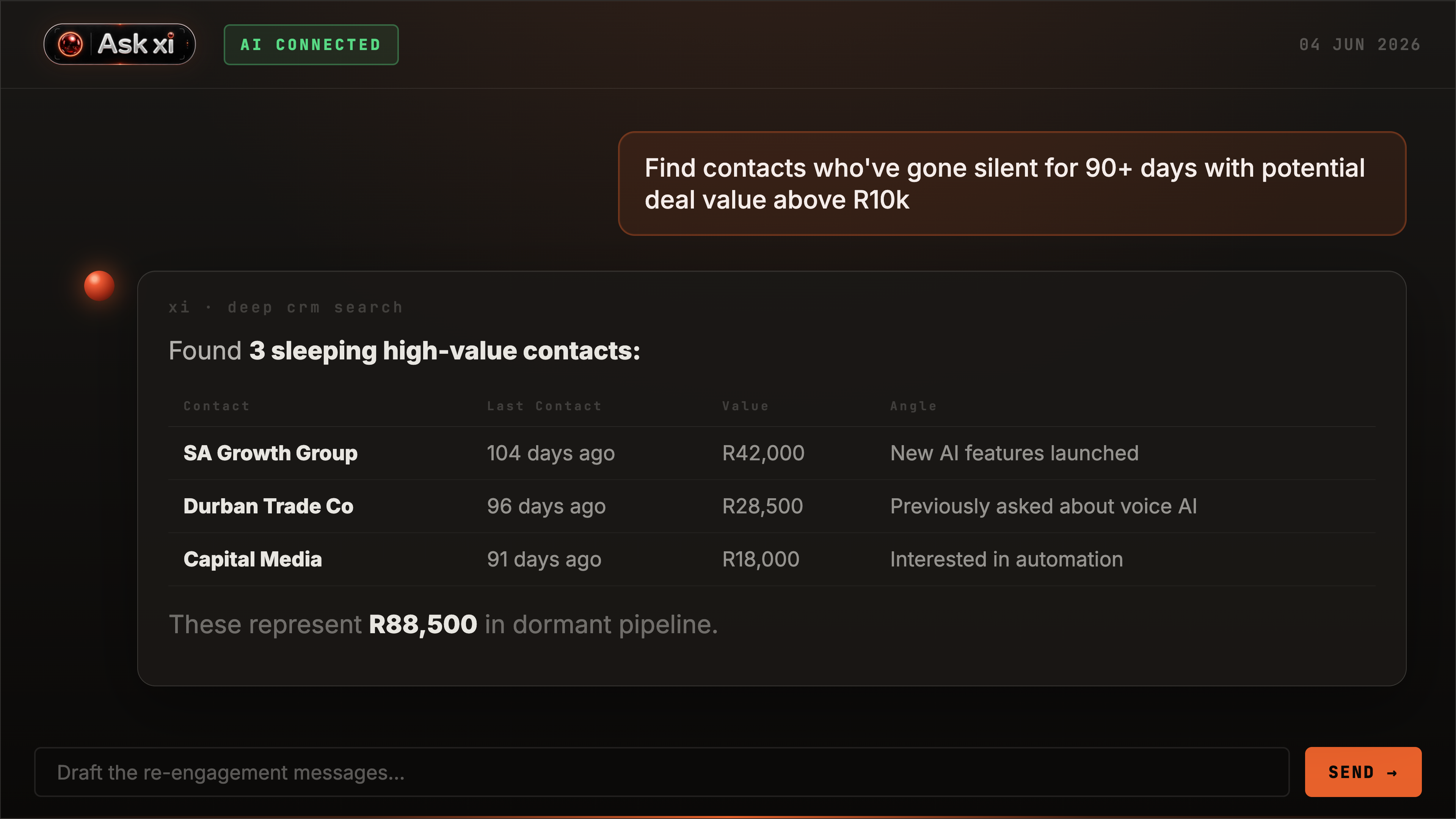 AskXI 90 day cold high value contacts screenshot
