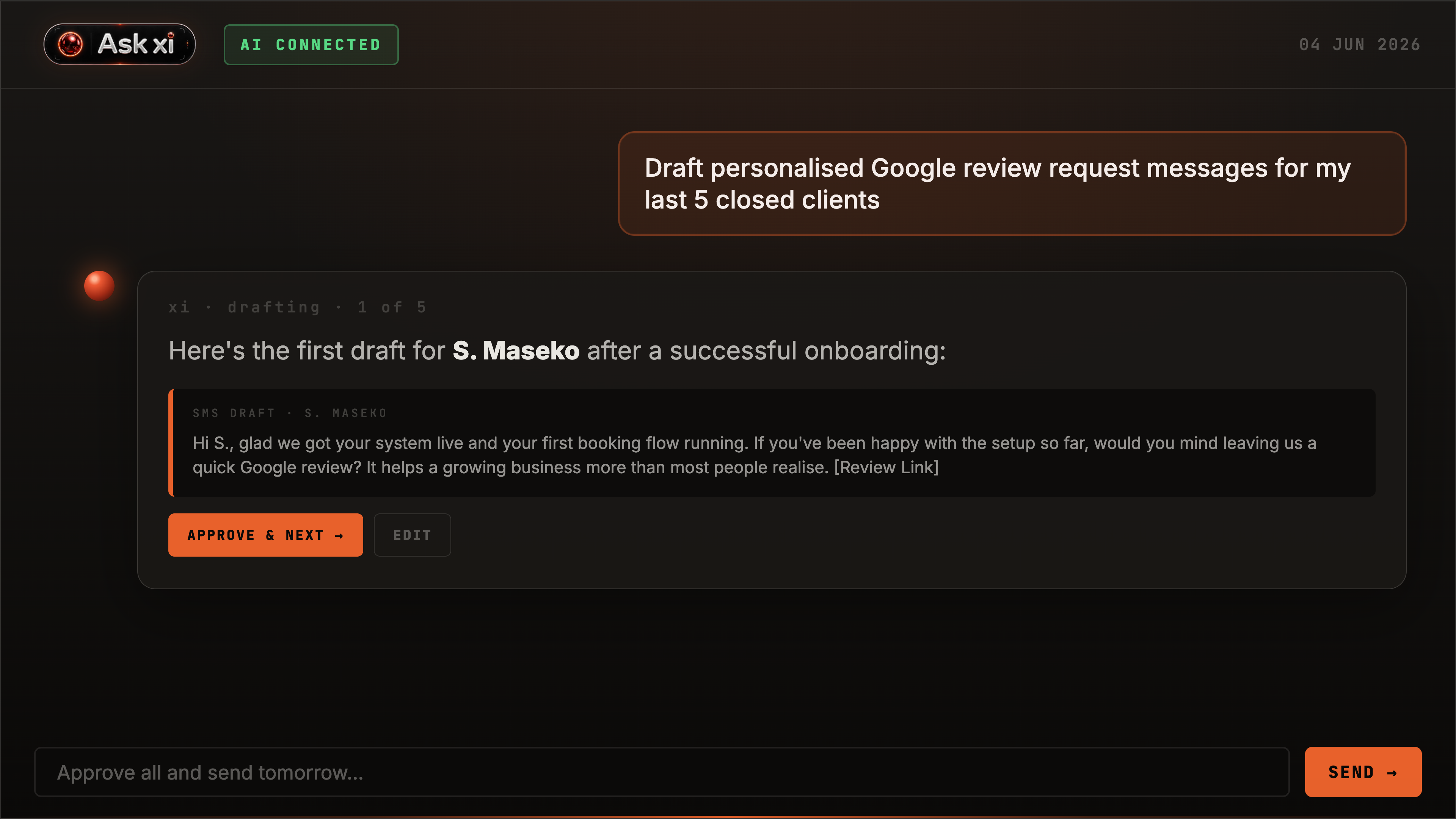 AskXI review request drafts screenshot