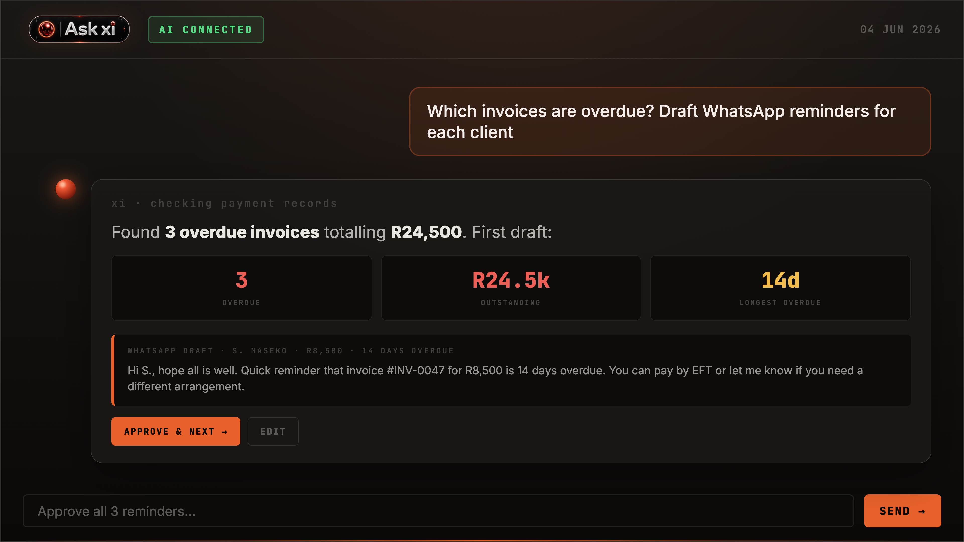 AskXI overdue invoice reminders screenshot