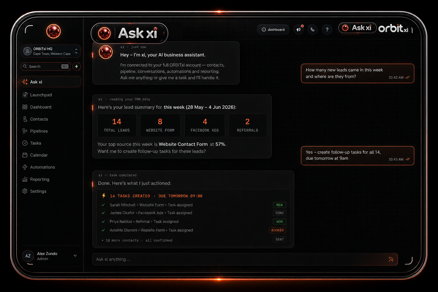 ASK XI assistant mockup summarizing leads and creating follow-up tasks
