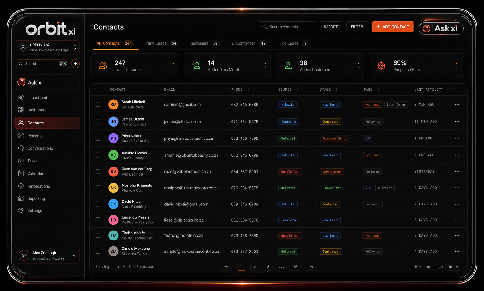 ORBITxi contacts database mockup with South African customer records and activity