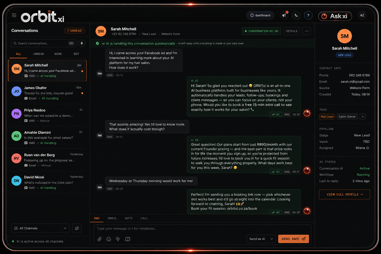 ORBITxi conversations mockup with AI-handled inbox conversation and customer details