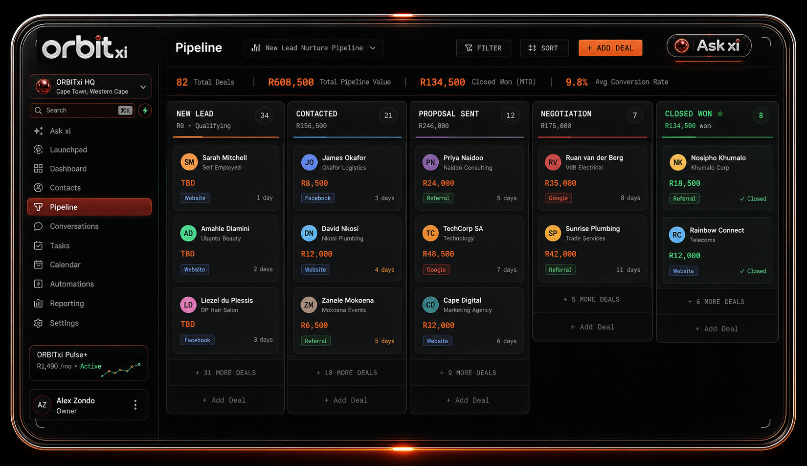 ORBITxi sales pipeline mockup with rand values and deal stages